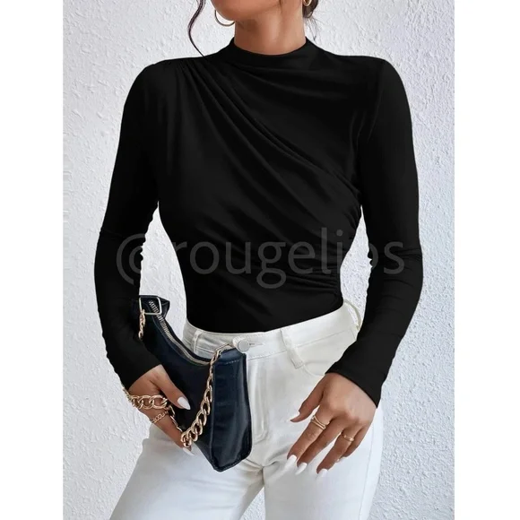 Ruched Asymmetric Black Long Sleeve Bodysuit - Picture 11 of 14